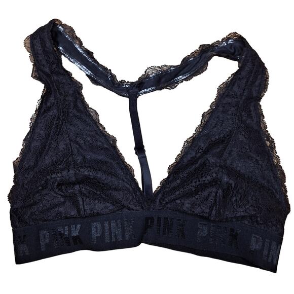 Victoria secret Pink black lace bralette adjustable T-back spellout wireless - Picture 2 of 4